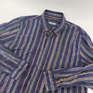 32 Bar Blues Mens XL Striped Linen Blend Button Down Shirt Blue Multi Turkey